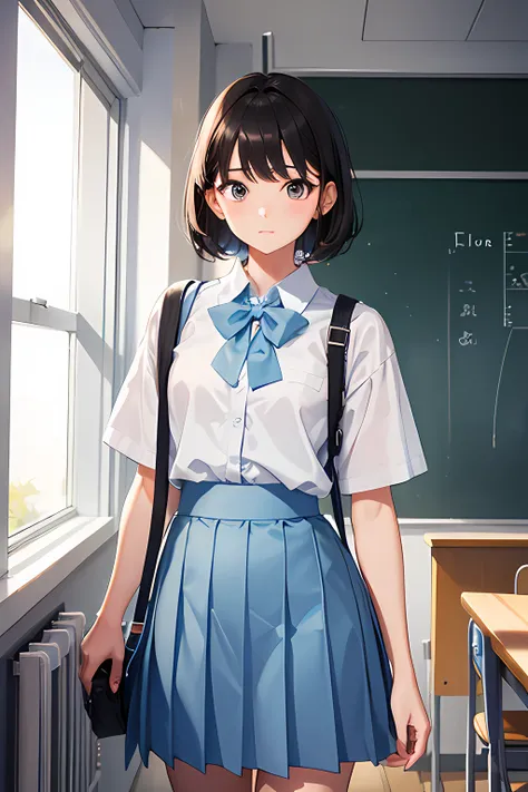 short woman, student, highschool student, wearing a light blue skirt, light blue skirt, long skirt, wearing an untucked white shirt, light blue bow, close up picture, close up, upper body, classroom, school