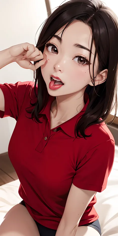 realisticlying、45-year-old girl、selfee、Wearing a red polo shirt，Face enhancement，Chest super large zoom，Cleavage emphasis，Looking up from the bottom，Blackening of hair，eyes are brown、darkens the skin，African、Blushing，Red lips，A sexy，Bed sit，stick out your ...