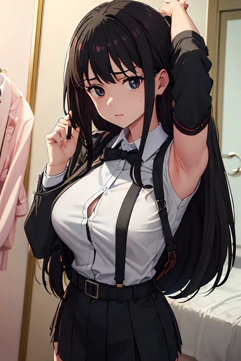 Suit,Collared shirt,Belt bag,Suspenders Black Miniskirt　garterbelts　knee high　Stockings　Black Niso　Colorcon armpit sweat　perspiring　Side of both hands,Black jacket,Gaze,ample bosom,Armpit sweat,Exposing the armpits"Tight clothes、Raise your hands、wristbands...