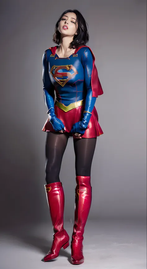 fainting、distressed look、My crotch hurts、Suffering、Done、defeated、Defeated by enemies、(((Wear black tights on your beautiful legs.)))、(((beauty legs)))、(((Painful look)))、((((Make the most of the original image)))、(((Supergirl Costume)))、(((Beautiful short ...