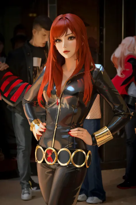 The image represents a lively scene with a woman at the center. She has red hair and is wearing a black leather bodysuit. Her hands are placed on her hips in a confident pose. A detail of her suit that stands out is the metal belt shes wearing. Around her,...