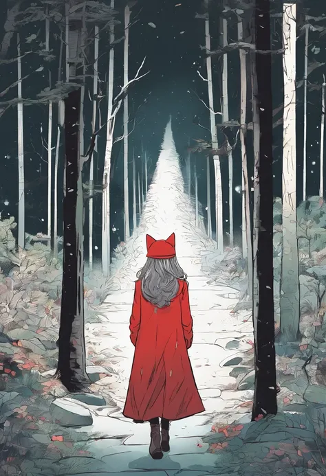 Pluie, dark forest. une fille au second plan : de profil, red clothing, avec un chat. very dark