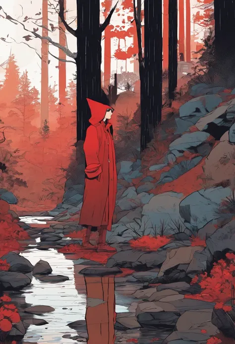 Pluie, dark forest. une fille au second plan : de profil, red clothing, avec un chat. very dark