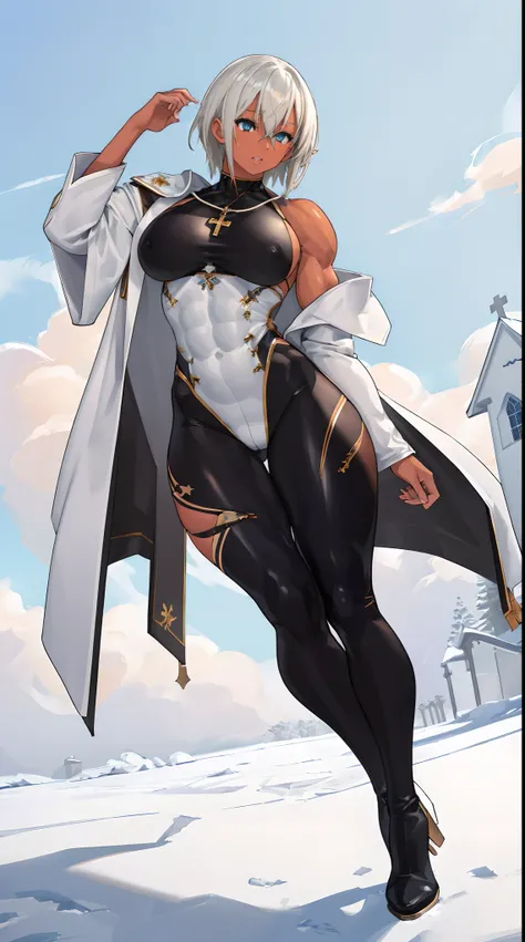 (Masterpiece, best quality), (highres, ultra-detailed), ( perfect anatomy), outdoors, 1girl, solo, sela, large breasts, tan, necklace, white sleeves, muscular, , full body, priestess, church, religous, pants, coat, pullover, boots, body suit, big robe,blac...