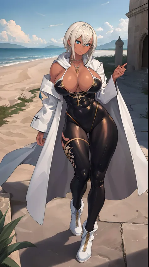 (Masterpiece, best quality), (highres, ultra-detailed), ( perfect anatomy), outdoors, 1girl, solo, sela, large breasts, tan, necklace, white sleeves, muscular, , full body, priestess, church, religous, pants, coat, pullover, boots, body suit, big robe,blac...