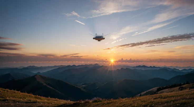 sunset mountain sky flyingship