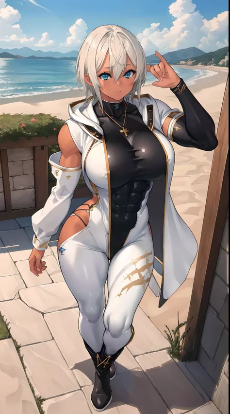 (Masterpiece, best quality), (highres, ultra-detailed), ( perfect anatomy), outdoors, 1girl, solo, sela, large breasts, tan, necklace, white sleeves, muscular, , full body, priestess, church, religous, pants, coat, pullover, boots, body suit, big robe,blac...