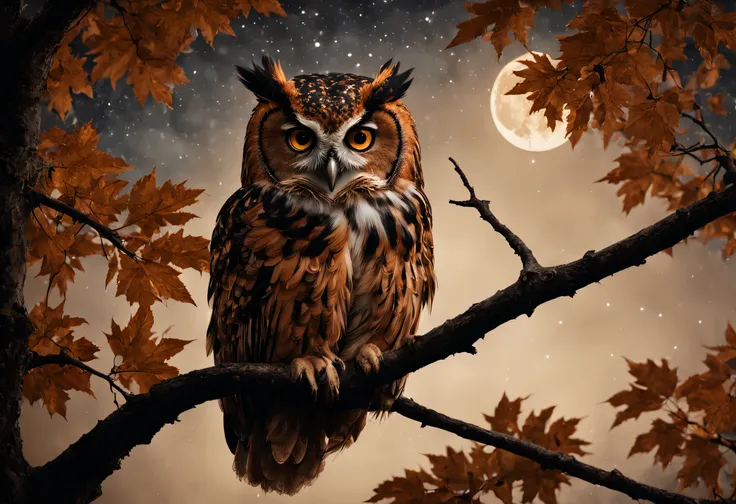 "raw photo, best, masterpiece, best quality, high quality, extremely detailed, a rust brown owl with black spots, in a leafy tre...