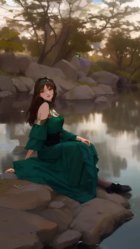 Arafed woman in a green dress sitting on a rock near a body of water, fantasy photoshoot, vestido verde, inspirado em John William Waterhouse, vestido verde esfarrapado, Terno estilo Vitoriano, Vestido vitoriano, vestido verde escuro, donzela bonita, inspi...