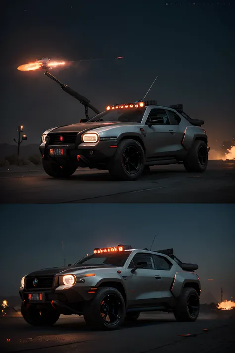 Futuristic cyberpunk car with guns, rocket launcher, drones, skulls, wings, fire, desert at night with redmoon