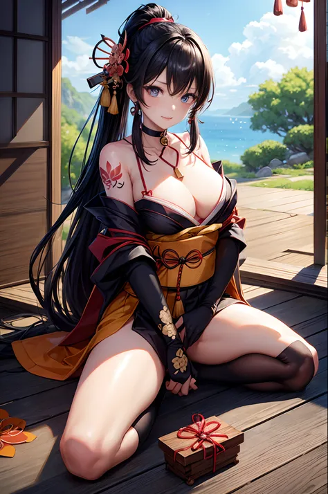 ​masterpiece、best、Hi-Res、1 female、A dark-haired、Medium Hair、Asymmetrical hair、Floating hair、blindfolds、High Ponytail、side locks、hair adornments、Fish hair ornament、tassels、Kanzashi、bangss、light blue  eyes、Beginning、ssmile, tusk, Only the upper teeth, a chok...