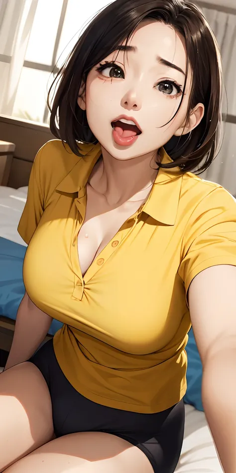 realisticlying、45-year-old girl、Breasts greatly emphasize cleavage、Wearing a yellow polo shirt，Face enhancement，Chest super large zoom，Cleavage emphasis，Looking up from the bottom，Blackening of hair，eyes are brown，darkens the skin，African、Blushing，Red lips...