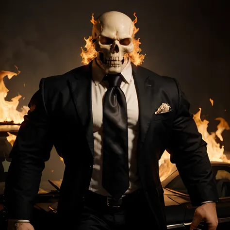 Ghost rider , muscled with huge pecs , hugge torso , huge arms , with a skull head like  with fire , in suit with a tie ans spikes