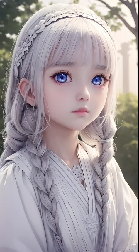 The girl has very white skin and beautiful、Wearing a white national costume、I wear a lot of fancy accessories、Gray hair braid、Big beautiful eyes、Beautiful white silver eyes、Three-dimensional anime girl、Big eyes like anime、She looks up at the sky and prays