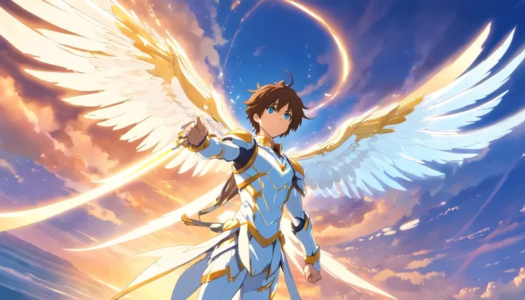 Homem de dezoito anos, meio anjo com longos cabelos brancos, blue eyes and white armor with gold accents and he will have two pairs of wings