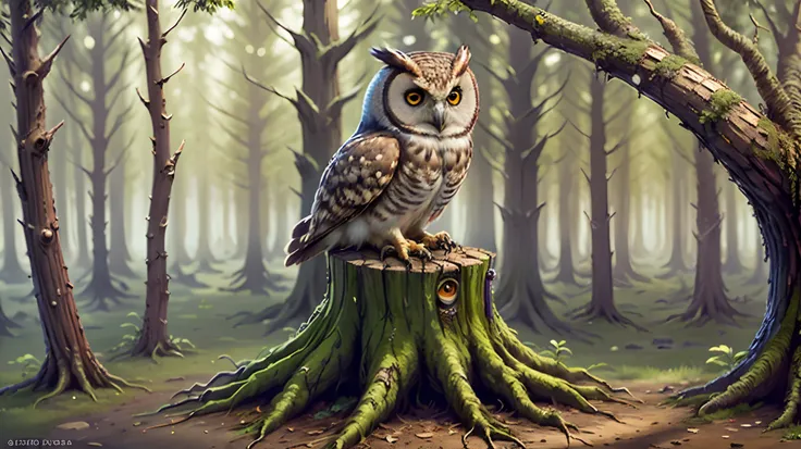 An owl sits on a tree stump