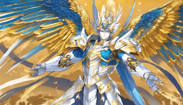 Homem de dezoito anos, meio anjo com longos cabelos brancos, blue eyes and white armor with gold accents and he will have two pairs of wings