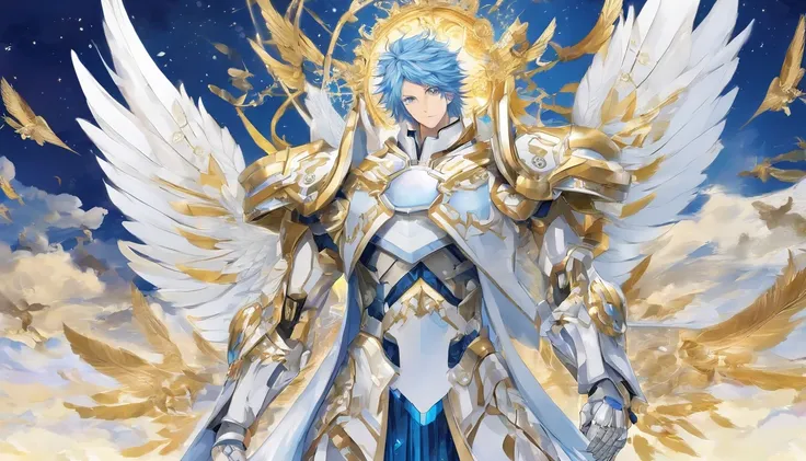 Homem de dezoito anos, meio anjo com longos cabelos brancos, blue eyes and white armor with gold accents and he will have two pairs of wings