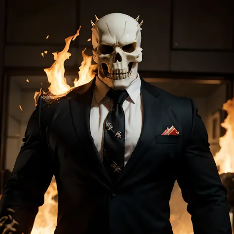 Ghost rider , muscled with huge pecs , hugge torso , huge arms , with a skull head like  with fire , in suit with a tie ans spikes