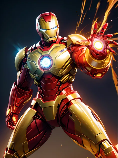 the main subject of the scene: Iron Man in golden armor with a 3D artistic style
materials used: illustration, 3D rendering
additional details: intricate details on the armor, glowing power elements, dynamic pose, futuristic background, sparks and smoke ef...