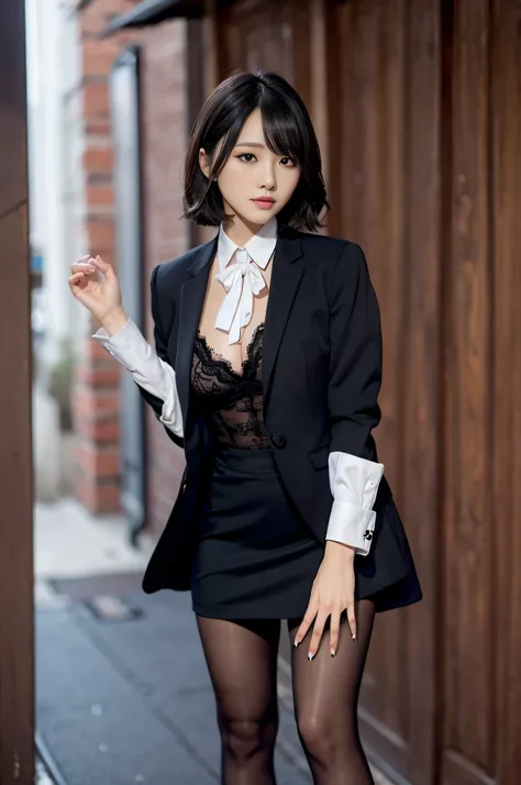 Charming beauties、black pantyhose、Suit jacket、Black tight skirt、beauty legs、Dyed in darkness、lacy fabric