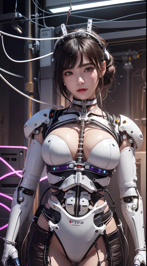 (((​masterpiece)))、((top-quality))、(The ultra-detailliert)、8K、(Very noble and beautiful))、Cinematic Light、((1 Mechanical Girl))、Looking here、White ceramic body、a purple eye、Colossal tits、The cleavage is visible、Single、(Mechanical joint:1.4)、((Mechanical li...