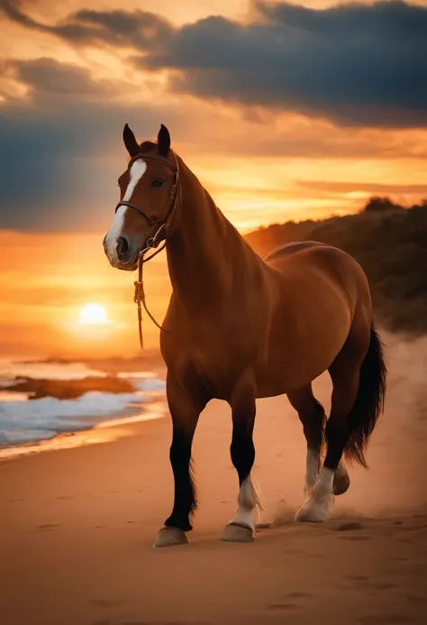 Id like a brunette rider with blue eyes dressing up in a blue top and breeches with a palomino half draft horse next to her on the beach with a sunset in a drawing style