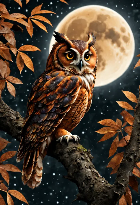 "RAW photo, best, masterpiece, best quality, high quality, extremely detailed, a rust brown owl with black spots, in a leafy tree, its a crescent moon night, stars in the sky, cinematic color, scene from a movie , intricate details, the best quality, very ...