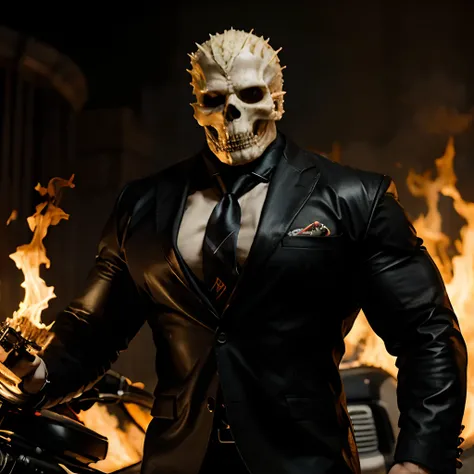 Ghost rider , muscled with huge pecs , hugge torso , huge arms , with a skull head like  with fire , in suit with a tie ans spikes