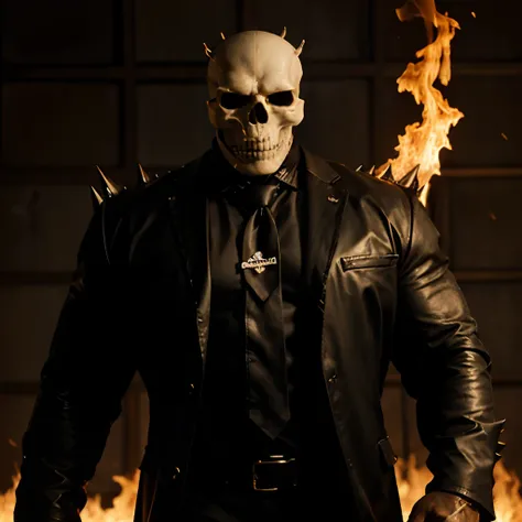 Ghost rider , muscled with huge pecs , hugge torso , huge arms , with a skull head like  with fire , in suit with a tie ans spikes