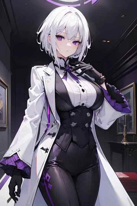 (masterpiece, best quality:1.2), illustration, 8k, hd, 1girl, solo, (((white hair, purple eyes, black coat))), large breasts, bl...