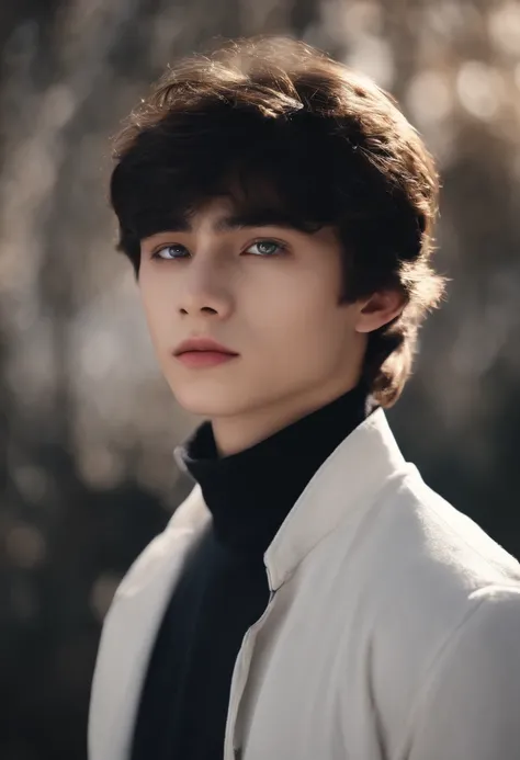 (Best Quality,4k,8K,hight resolution,Masterpiece:1.2),Ultra-detailed,Realistic,Portrait,Handsome young man 14 years old,black disheveled hair,Black Eyes,long eyelashes,cute face,White Turtleneck