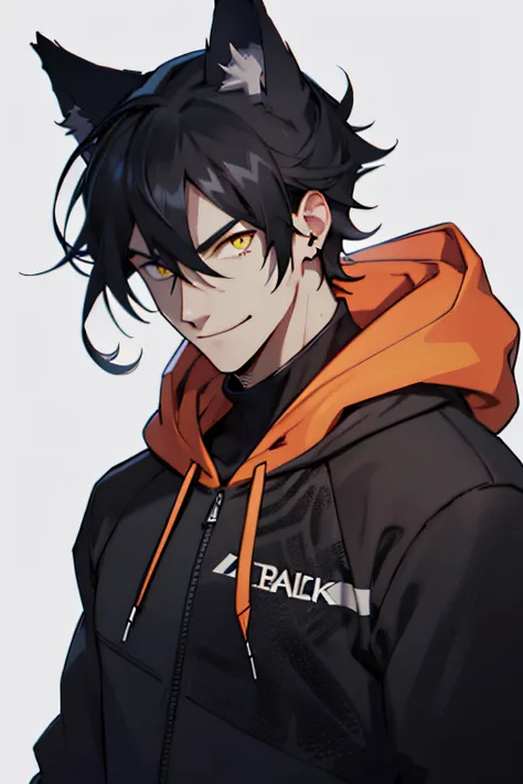 1 male, mature, manly, tall muscular, handsome, finely detailed eyes, portrait, (bloody scars:0.7), looking down, solo, half shot, solid background, determined smile, hacker, black hair, yellow eyes, wolf ears, black hoodie, cyber uniform