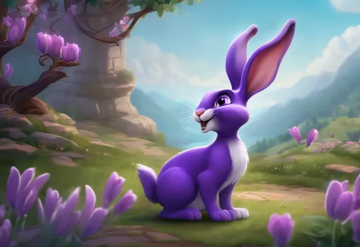 purple-colored cartoon rabbit whoses design evokes the look of early cartoon characters. He has long purple ears on top of his head, and his overall build is tall and slender.