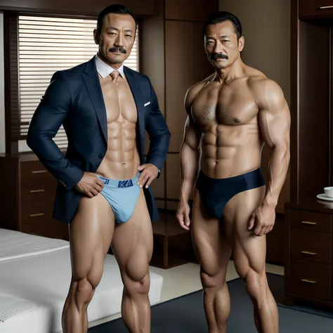 aged 40，Hidetoshi Nakata ，（Kogoro Mouri 1.3），Two muscular men together，Naked upper body，Thick body hair，Crotch contour，Wear light blue sexy briefs，with mustache，tmasterpiece，k hd，black long socks，the feet，Business suit