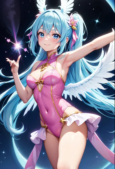 Super Idol　a beauty girl　A charming smile　sky blue hair　length hair　Twin-tailed　Glittery bright pink and white and yellow leotards　facing front　7 colors of angel large wings on the back　Flying in the sky　Mystical　Fantasia　constellation　a moon　Crystal Brill...