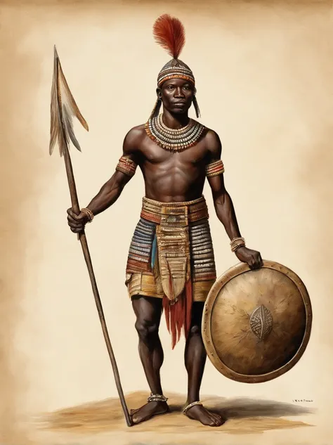 West African Spearman in Tribe, holding a spear and equipped with a shield, West African Tribe, Correct Two-Handed Anatomy, 15th century, medieval, meia-idade, musculoso, corpo forte, well-built body, com pele escura, pessoas negras, West Africa, rosto dos...