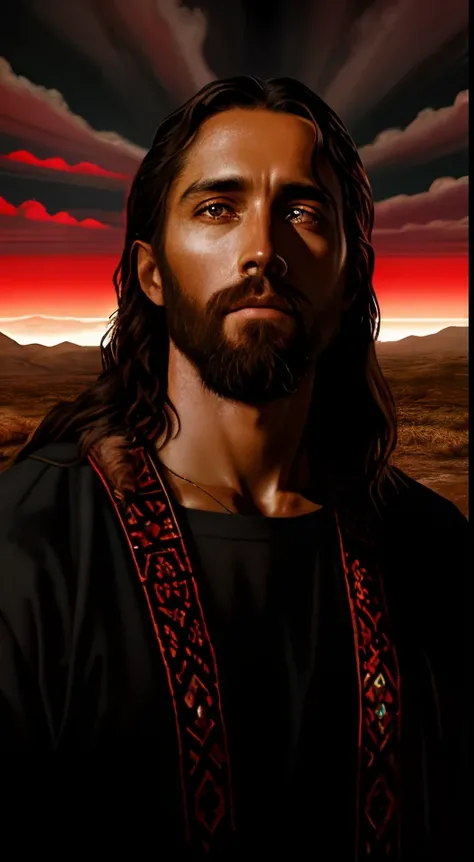 add_detail:1, realistic image of Jesus Christ, jesus standing beside a dead dry tree,black and red palette,eerie,(masterpiece, best quality:1.2), illustration, 8k wallpaper，add_detail:light and distant light from heaven above the head