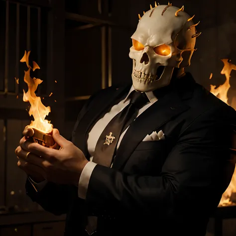 Ghost rider , muscled with huge pecs , hugge torso , huge arms , with a skull head like  with fire , in suit with a tie ans spikes