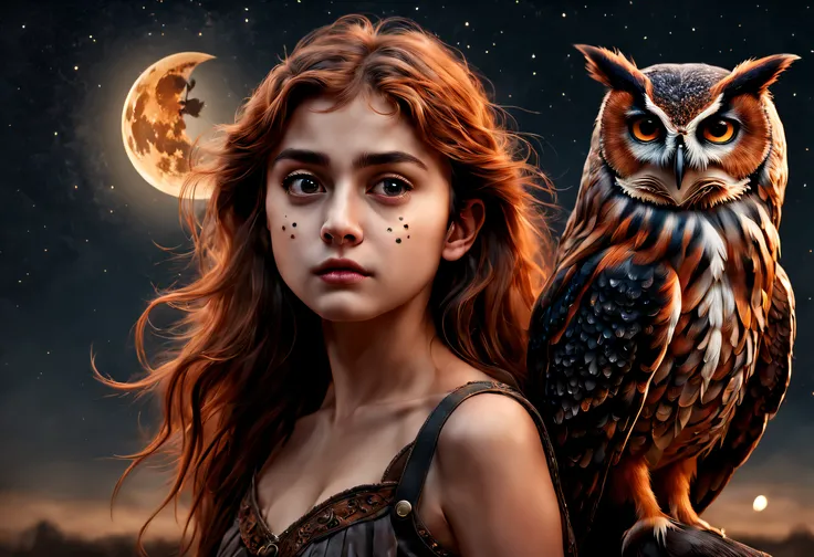 "RAW photo, best, masterpiece, best quality, high quality, extremely detailed, a girl with a rust brown owl with black spots above her shoulder, it is a night with a crescent moon, stars in the sky, cinematic color, scene of a movie, intricate details, bes...