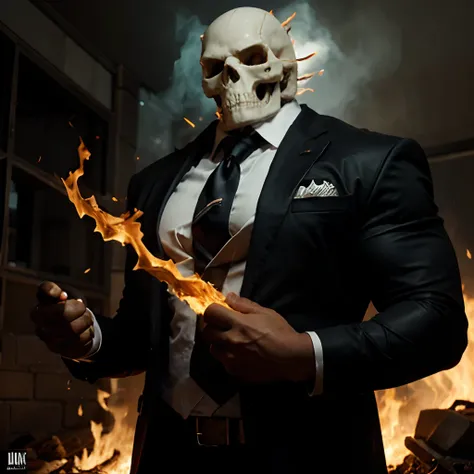 Ghost rider , muscled with huge pecs , hugge torso , huge arms , with a skull head like  with fire , in suit with a tie ans spikes