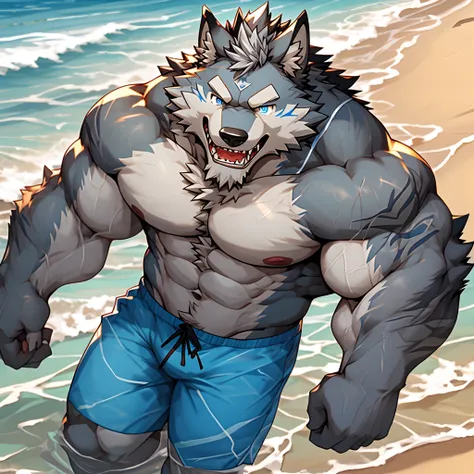 Wolf orcs，male people，burly build。Silver-gray hair covers the whole body。blue color eyes。A body，Two heads，Sharp teeth、Neatness。At this time he was wearing swimming trunks，playing on the beach