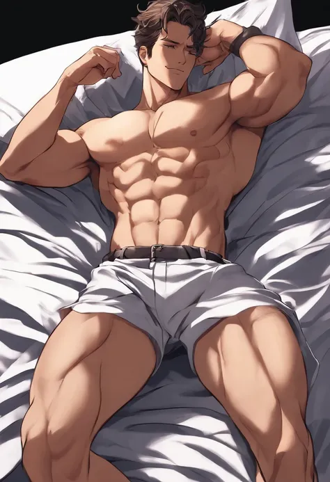 naked man,  man lying on the bed, sweaty, big , armpit hair, muscle and ripped, handsome guy, with abs, anime style, hunk