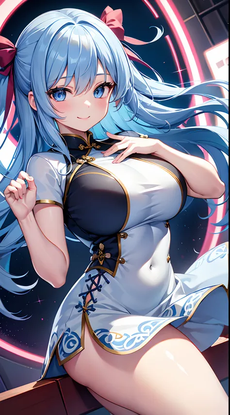 1 girl, game CG, short cheongsam, string hair ribbon, gigantic breasts, light blue hair, middle hair, two side up, blue eyes, smile, dynamic, outside,