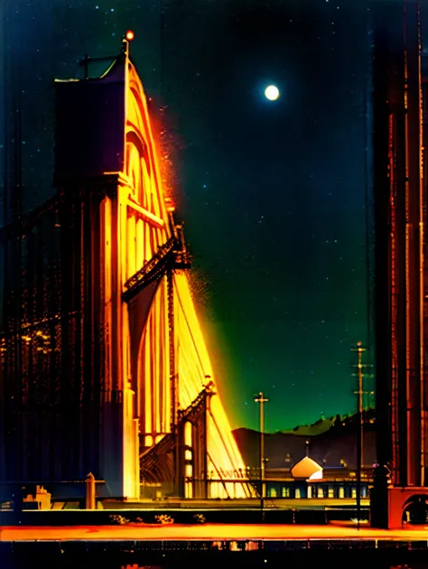 color photograph in hyper-psychedelic color realism of GIANT mushroom SEQUOIA REDWOODS on the span of the Golden gate Bridge center span SURROUNDED BY GALAXIES AND PLANETS AND giant mushrooms on massively tall and towering old growth redwood sequoias growi...