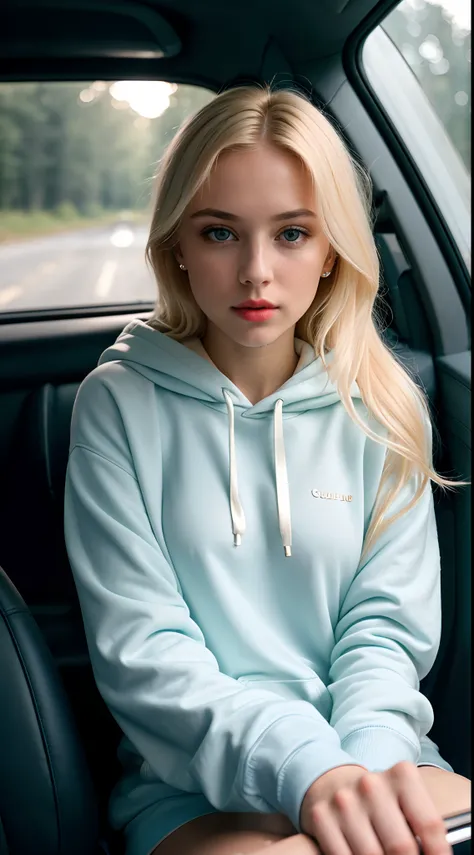 RAW photo, a 22-year-old blonde girl, upper body, selfie in a car, blue hoodie, inside a car, driving, lipstick, soft lighting, high quality, highres, sharp focus, extremely detailed, (sunlight on face), beautiful detailed eyes, masterpiece, cinematic ligh...