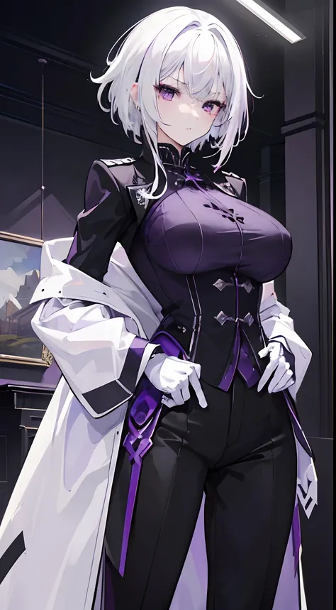 (masterpiece, best quality:1.2), illustration, 8k, hd, 1girl, solo, (((white hair, purple eyes,))) black coat, large breasts, black pants, short hair, indoors, arle suit, serious expression, tall, mature, elegant, black gloves