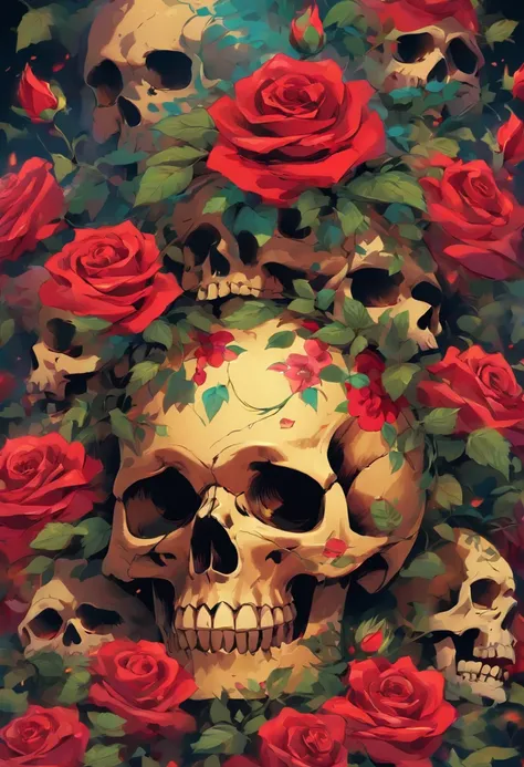 a skull with roses and leaves on its head, skull made of red roses, fantasy skull, arte escura altamente detalhada, sacred skull, 8 k altamente detalhado ❤🔥 🔥 💀 🤖 🚀, death skull, 8k arte detalhada de alta qualidade, Arte digital escura, mas detalhada, ador...