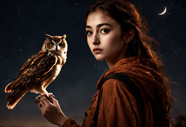 "RAW photo, best, masterpiece, best quality, high quality, extremely detailed, a girl with a rust brown owl with black spots above her shoulder, it is a night with a crescent moon, stars in the sky, cinematic color, scene of a movie, intricate details, bes...