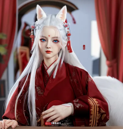 White fox ears，Complete half-body